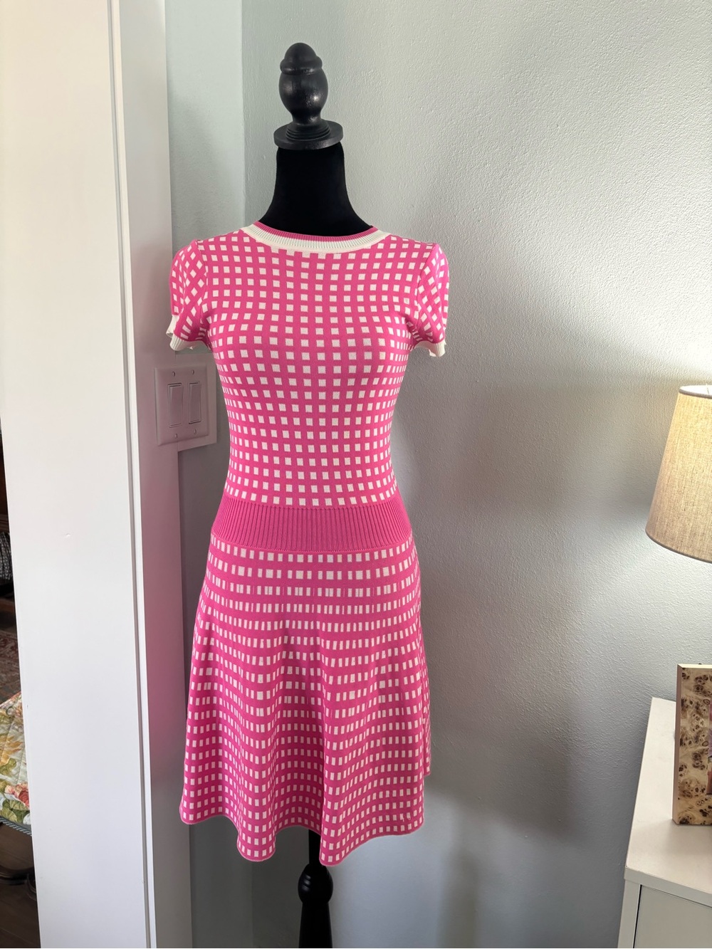 Pink Checker Knit Fit & Flare Mini Dress size small